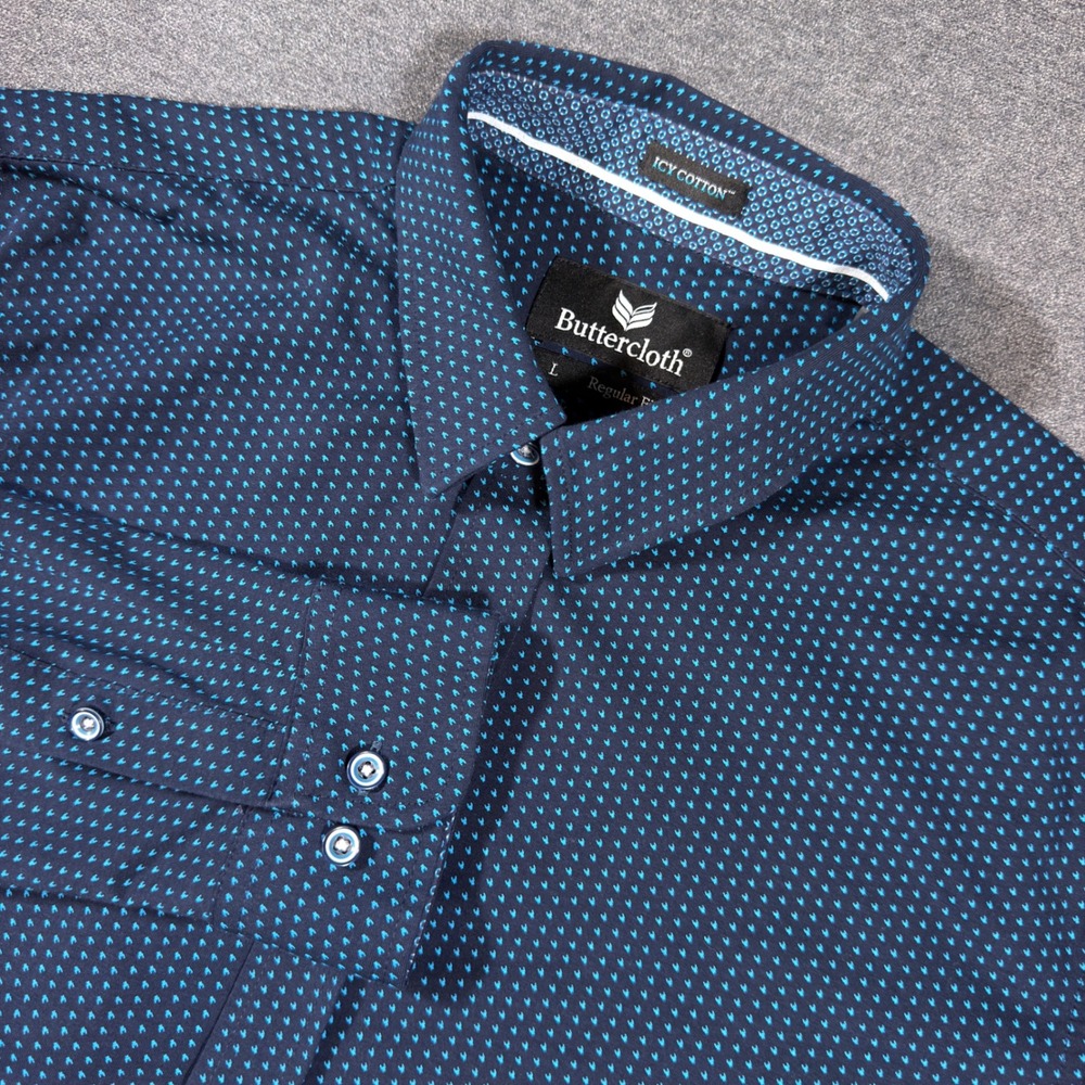 Buttercloth Button Down Shirt Mens L Navy Blue Icy Cotton Regular Fit Geometric
